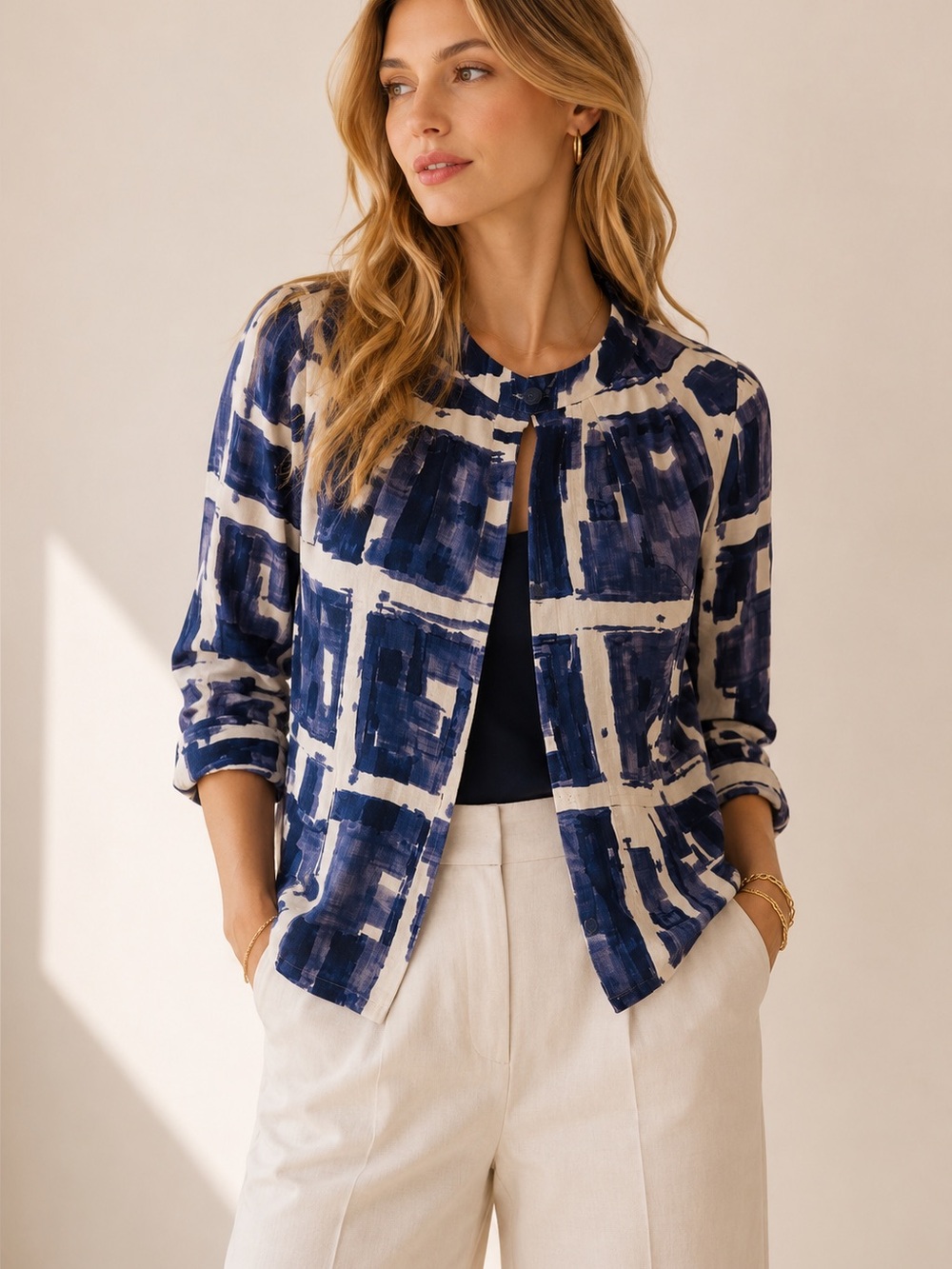 Simply Vera Vera Wang Navy Abstract Layering Jacket Open Front Top S